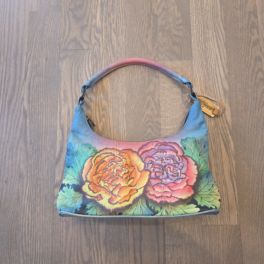 Anuschka Blue and Pink Floral Shoulder Bag
